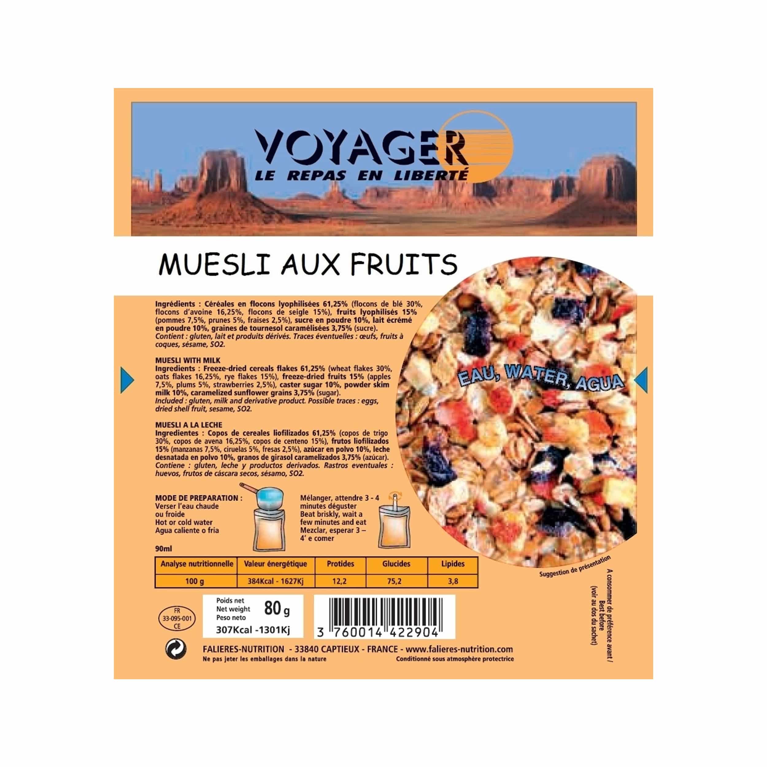 Encas lyophilisé écologique treck randonnée – Muesli aux fruits 80 g – Falières Nutrition
